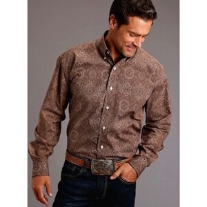 Stetson Mens Western Paisley Print Long Sleeve Button Up Shirt XL Brown